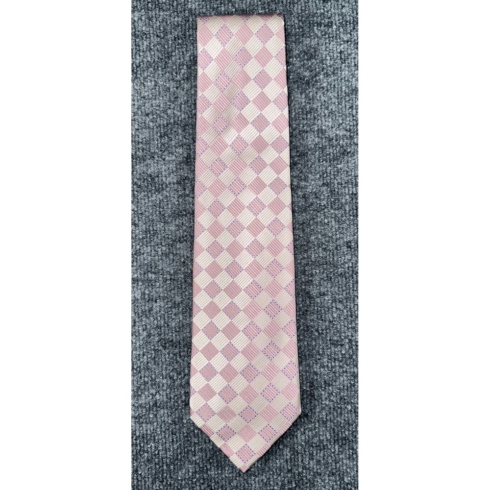 Genesis Mens Tie Pink Checkered All Silk Necktie Knot Neckwear Made In USA